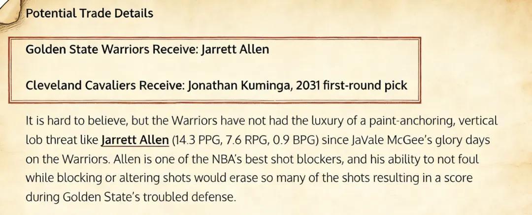 世界杯手机观看平台-2换1交易方案出炉，场均14+10中锋加盟勇士，驰援库里？