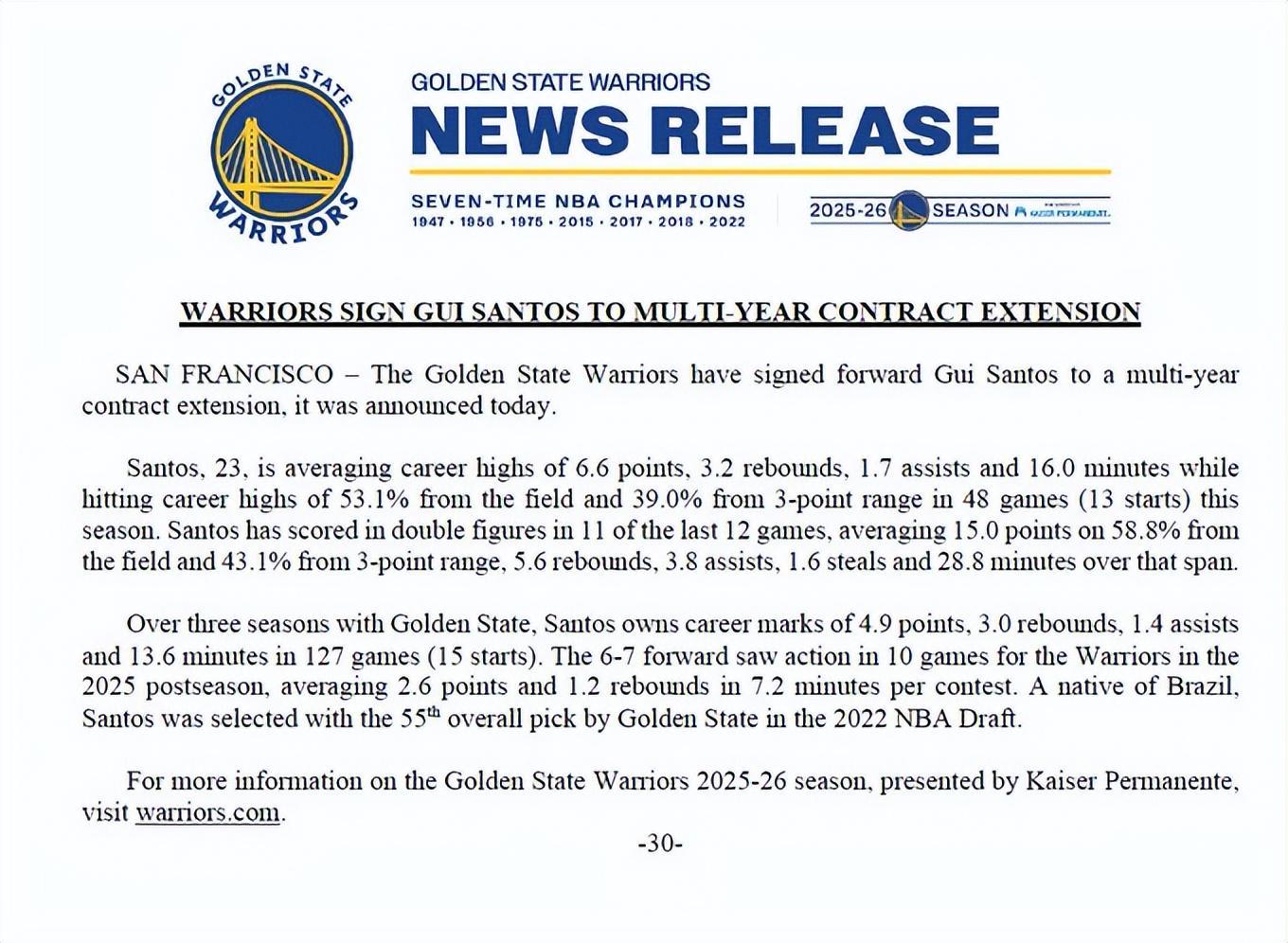 世界杯官方客户端安装-3年1500万美元!勇士官宣提前续约桑托斯:第3年是球员选项